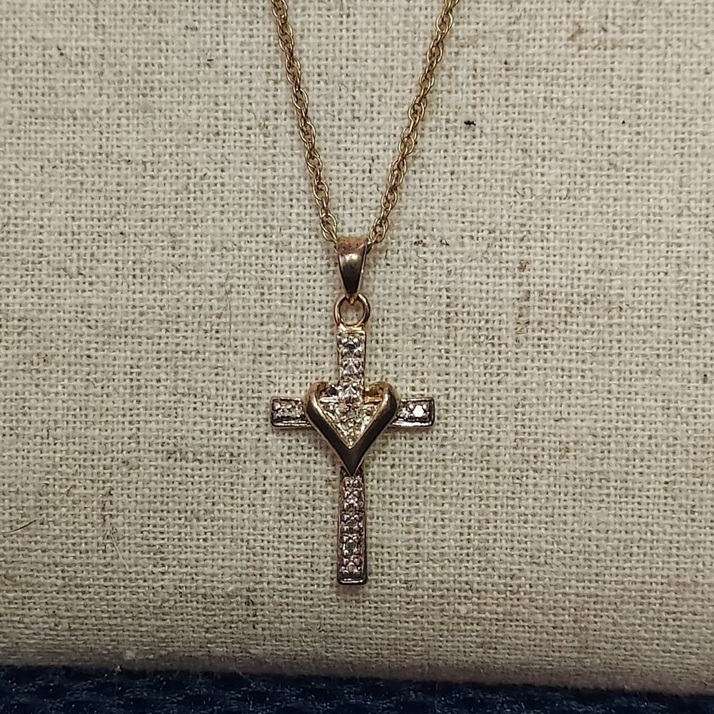 Silver and gold cross CZ pendant w heart detail on a gold filled 22" chain
